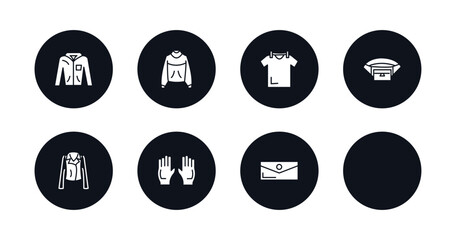symbol for mobile filled icons set. filled icons such as coat with pockets, sweater with pocket, hair dye, drying, belt pouch, leather jacket, pair of gloves, purses vector.