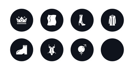 symbol for mobile filled icons set. filled icons such as royal, rag, high heel boots, blouse with buttons, summer dress, footwear, lingerine, unisex vector.