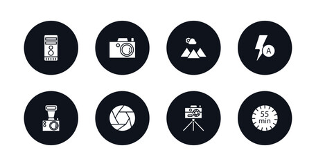 symbol for mobile filled icons set. filled icons such as computer tower, photograph, scenic, auto flash, old camera, aperture, camera stand, minute countdown vector.