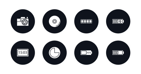 symbol for mobile filled icons set. filled icons such as compact camera, compact disc, film strip, charging battery, camera big screen size, three quarters, battery almost full, half battery vector.