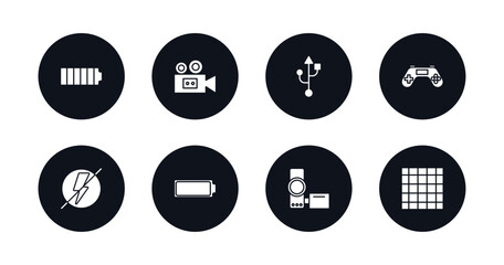 symbol for mobile filled icons set. filled icons such as full battery, old video camera, usb connection, joypad, flash off, empty battery, handy cam, screen grid vector.