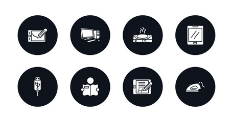 symbol for mobile filled icons set. filled icons such as graphic tablet, desktop computer, hot plate, tablet, usb, book reader, electronic, iron vector.