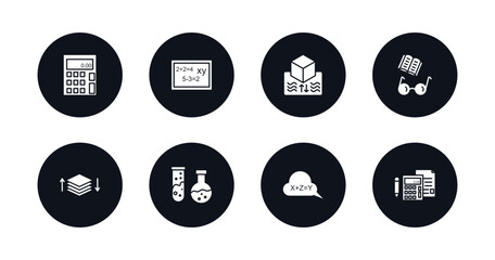 symbol for mobile filled icons set. filled icons such as adding hine, math class, archimedes principle, book and glasses, arrange, chemical test tube, equation, school calculator vector.