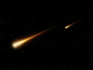 Two fireballs on a black background. Shooting stars in orange tones. Meteor glowing trails.
