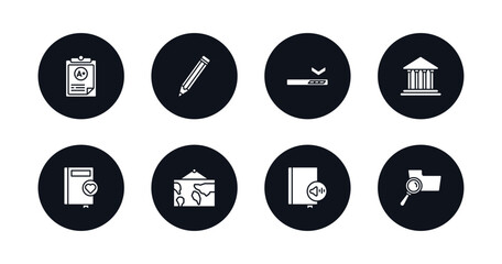 symbol for mobile filled icons set. filled icons such as clipboard with a+, pencil, window scrolling left, bank, favorite book, world map, audiobook, searching files vector.