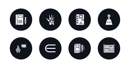 symbol for mobile filled icons set. filled icons such as closed book with marker, hand care, school agenda, tonne, teacher giving lecture, is an element of, book with marker, abcus vector.