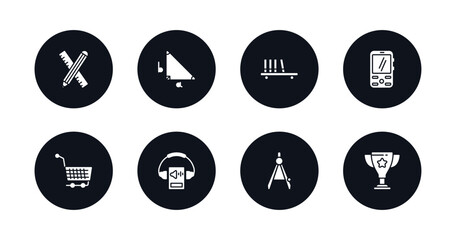 symbol for mobile filled icons set. filled icons such as school supplies, right triangle, bookshelf with books, cellphone, shopping cart, audio book, draw with compass, big trophy vector.