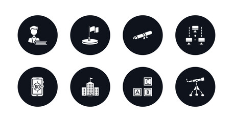 symbol for mobile filled icons set. filled icons such as student and books, location flag, diploma with a ribbon, computer and network, digital display 60, university, creche, telescope vector.