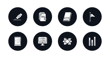 symbol for mobile filled icons set. filled icons such as eraser, new document, hard cover book, flag point, tactile tablet, online test, atomic orbitals, bars vector.