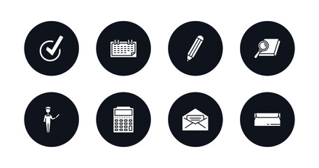symbol for mobile filled icons set. filled icons such as check mark, monthly calendar, geometric pencil, book and magnifying, teacher with stick, small calculator, open email, closed envelope