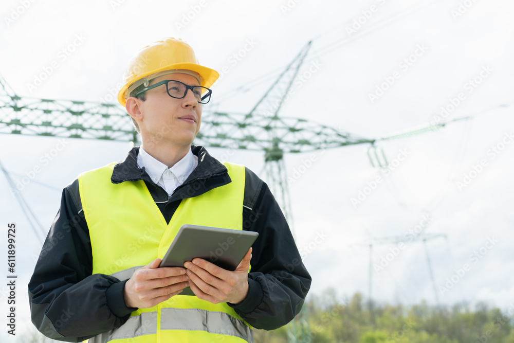 Aufkleber Engineer with digital tablet on a background of power line tower.	