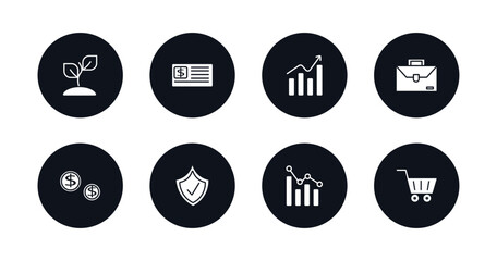 symbol for mobile filled icons set. filled icons such as sprout, checkbook, growth, briefcase, money, insurance, analytics, market vector.