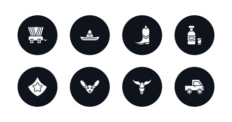 symbol for mobile filled icons set. filled icons such as wild west cart, mexican hat, far west boot, alcohol bottle, prefect, fennec, bull skull, pick up vector.
