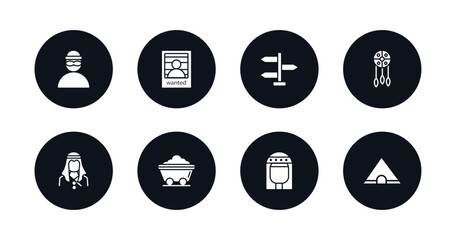 symbol for mobile filled icons set. filled icons such as bandit, wanted, directional, native american, sheik, mine wagon, cleopatra, tepee vector.