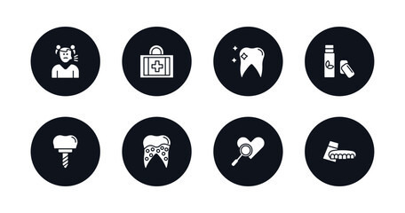 symbol for mobile filled icons set. filled icons such as sick girl, aid, tooth whitening, chewing gum, implant, plaque, check up, denture vector.