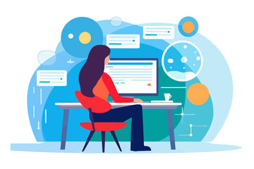 Woman sits at a desk looking at different websites working from home, vector illustration