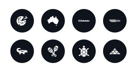 symbol for mobile filled icons set. filled icons such as goat cheese, australian continent, native american flute, knife in sheath, australian alligator, maracas couple, surfing a sea turtle, native