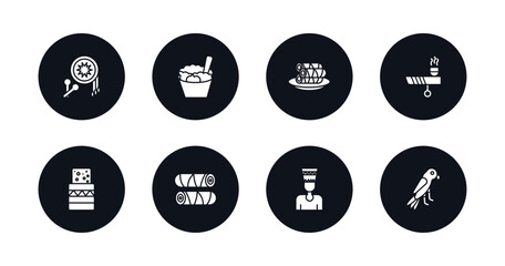 symbol for mobile filled icons set. filled icons such as native american drum, rice pudding, spring rolls, calumet, turron, egg roll, nefertiti, aw on a branch vector.