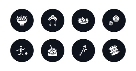 symbol for mobile filled icons set. filled icons such as beef and garlic, kokoshnik, onion patties, ajotomate, brazil soccer player, crema catalana, native american spear, pork ribs vector.