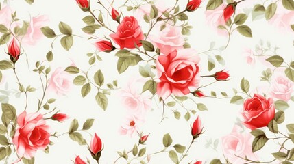 Seamless pattern with spring flowers and leaves. modern pastel summer, winter rose background. wallpapers, postcards, greeting cards, wedding invites, romantic events, Generative AI illustration