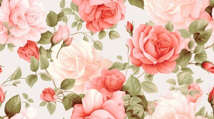 Seamless pattern with spring flowers and leaves. modern pastel summer, winter rose background. wallpapers, postcards, greeting cards, wedding invites, romantic events, Generative AI illustration