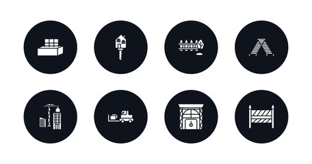 symbol for mobile filled icons set. filled icons such as concrete, home key, garden fence, double ladder, constructions, trolley truck, big door, road barrier vector.