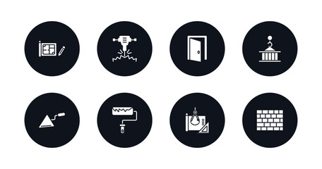 symbol for mobile filled icons set. filled icons such as house plan, hydraulic breaker, doors open, derrick with pallet, construction palette, roller and paint, construction plan, brickwall vector.
