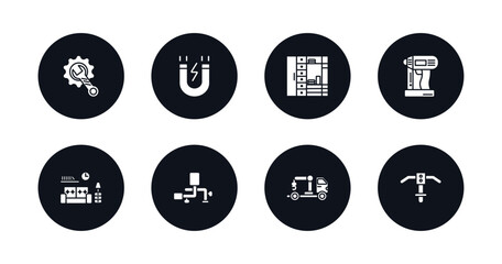 symbol for mobile filled icons set. filled icons such as wrench and gear, inclined magnet, big clo, nail gun, interior de, adjustment system, truck with crane, inclined picker vector.