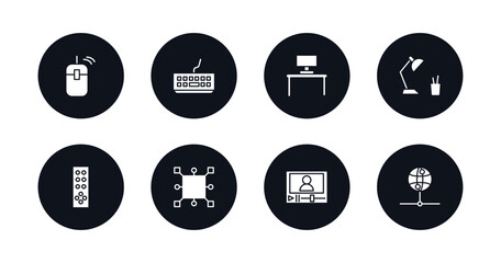 symbol for mobile filled icons set. filled icons such as computer mouse device, classroom keyboard, work station, study lamp, tv remote, square chip, video lecture, internet server vector.