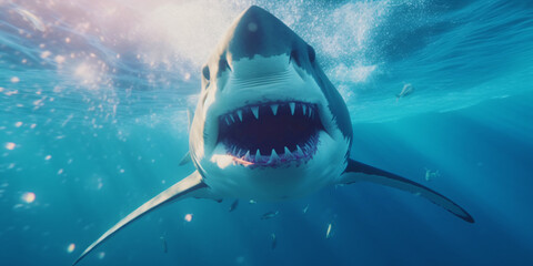 Fototapeta premium aggressive shark looking for prey, generative ai