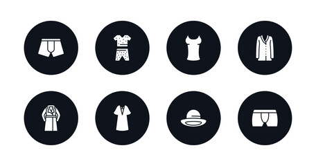 symbol for mobile filled icons set. filled icons such as boxers, pyjamas, tanktop, cardigan, trench coat, kaftan, bowler, underpants vector.