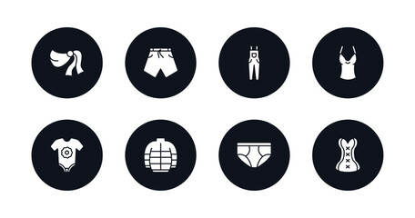 symbol for mobile filled icons set. filled icons such as shawl, swim shorts, dungarees, camisole, baby grow, puffer jacket, briefs, cor vector.