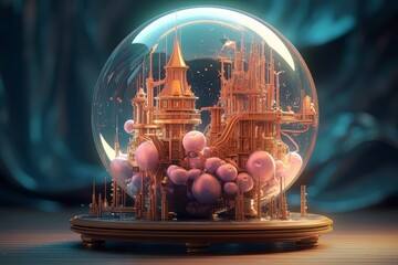 Snow globe with futuristic fairy castle inside at the table made with generative Ai