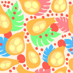  abstract yellow fruit with monstera leaf and red cherries seamless tropical simple pattern design