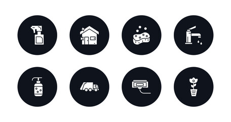 symbol for mobile filled icons set. filled icons such as wiping sprayer, house cleanin, soap cleanin, faucet cleanin, wiping soap, garbage truck compress rose vector.