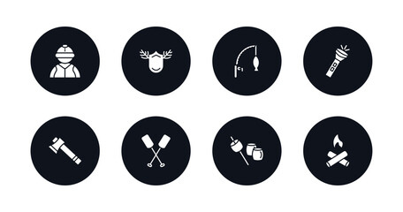 symbol for mobile filled icons set. filled icons such as jockey, hunting trophy, fishing rod, flashlight, axe, oar, marshmallow, campfire vector.