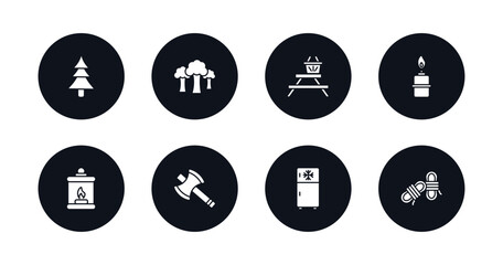 symbol for mobile filled icons set. filled icons such as tree, trees, camp table, cooking gas, fire lamp, axes, freezer, rope vector.