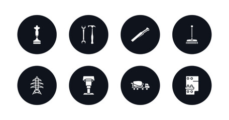 symbol for mobile filled icons set. filled icons such as bolster, garage screwdriver, wedge tool, gardening rake, electric tower, rammer, concrete mixer, circuit breaker vector.