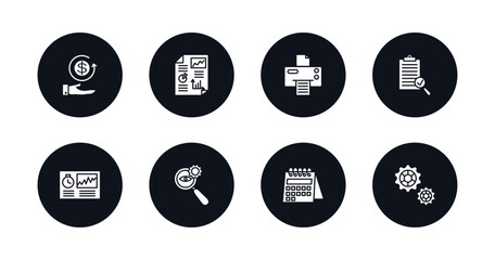 symbol for mobile filled icons set. filled icons such as money back, infographics, print document, revision, hash rate, investigate, wall calendar, cogwheel hine part vector.