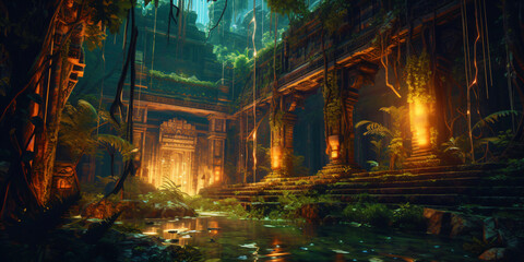 Obraz na płótnie Canvas jungle with stone Mayan temple ruins. Fantasy forest landscape with green trees and bushes, fictional landscape made with generative ai