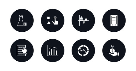 symbol for mobile filled icons set. filled icons such as dress code, variety, sine waves analysis, gadget, binary data search, bars chart analysis, merge charts, debt vector.