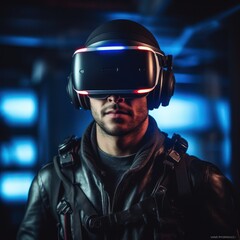 Person wearing VR Virtual Reality Goggles, VR Headset, futuristic metaverse headset goggle device