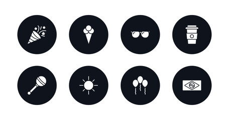 symbol for mobile filled icons set. filled icons such as confetti, ice cream, sun glasses, coffee cup, rattle, sun, balloons, brazil vector.