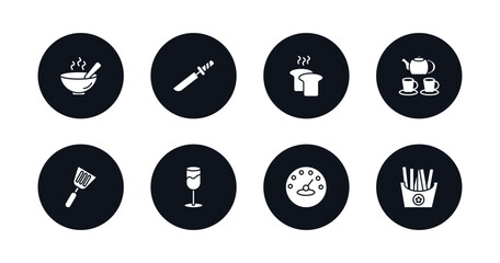 symbol for mobile filled icons set. filled icons such as hot soup, thin knife, load of bread, tea, spatula utensil, wide glass, measurement jar, french fries box vector.