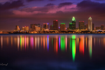 Vibrant and colorful Downton San Diego with beautiful reflections over San Diego Bay