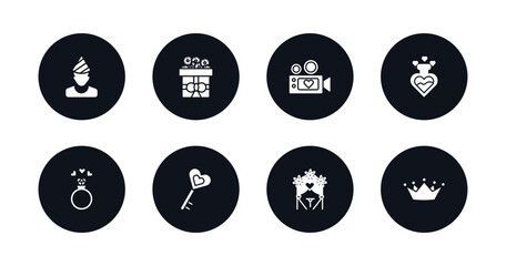 symbol for mobile filled icons set. filled icons such as birthday boy, wedding present, wedding video, love potion, wedding rings, love key, arch, crown vector.