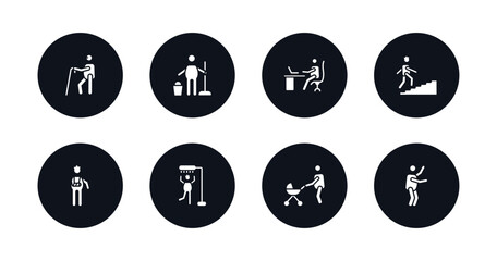symbol for mobile filled icons set. filled icons such as blindman with cane, cleaner man, man working at desk, climbing stairs, fracture arm, man showering, with baby stroller, stick dancing vector.