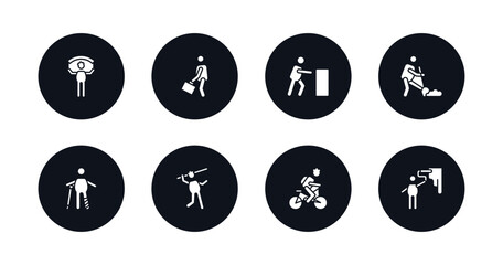 symbol for mobile filled icons set. filled icons such as man with banner, going to work, man pushing, man digging, with broken leg, throwing javelin, cycling, painting wall vector.