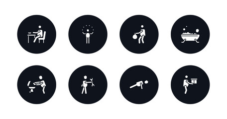 symbol for mobile filled icons set. filled icons such as man eating, circus man, carry garbage, man bathing, with, with tool, stick push up, stick with box vector.