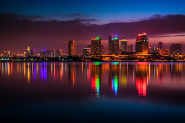Fototapeta na wymiar Vibrant and colorful Downton San Diego with beautiful reflections over San Diego Bay